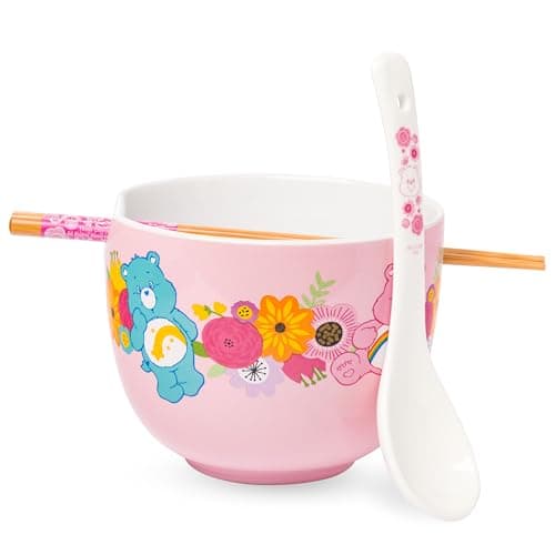 Silver Buffalo Care Bears Spring Floral Flowers Ceramic Ramen Noodle Rice Bowl with Chopsticks and Spoon, Microwave Safe, 20 Ounces
