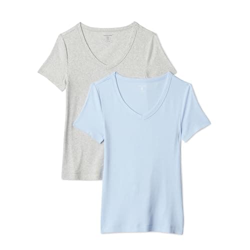 Amazon Essentials Women's 2-Pack Slim-Fit Short-Sleeve V-Neck T-Shirt, Light Blue/Light Grey Heather, Medium