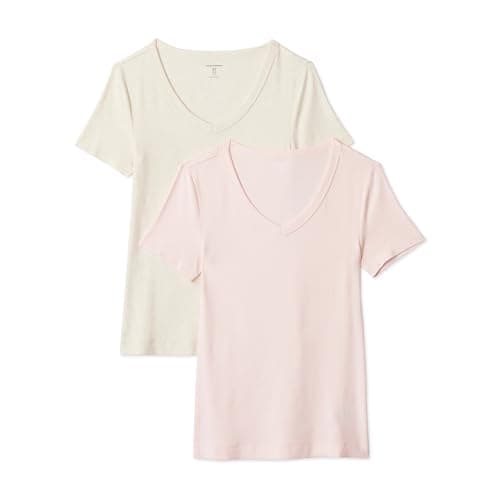 Amazon Essentials Women's 2-Pack Slim-Fit Short-Sleeve V-Neck T-Shirt, Oatmeal Heather/Light Pink, Medium
