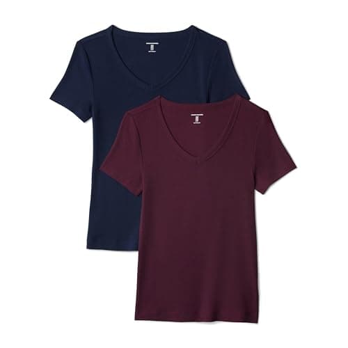 Amazon Essentials Women's 2-Pack Slim-Fit Short-Sleeve V-Neck T-Shirt, Burgundy/Navy, Medium
