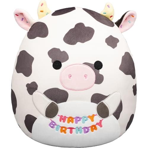 Squishmallows Original 12in Colin the Cow Holding “Happy Birthday” Sign – Official Jazwares Plush (Medium-Sized)