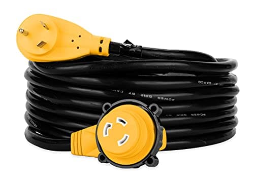 Camco PowerGrip 25-Ft 30 Amp RV Extension Cord w/90° Locking End - Features NEMA TT-30P Male & Marine-Style L5-30R Locking Female Connectors - Rated for 125V/3,750W - 100% Copper 10-Gauge Wire (55524)