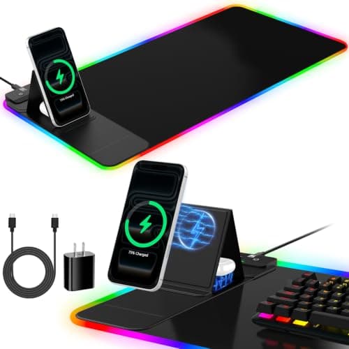 RGB Mouse Pad with Foldable Phone Stand Wireless Charger, 31.5"x11.8" XL Gaming Mousepad Large Desk Mat, Desk Pad with 11 Colors 5 Modes, Waterproof