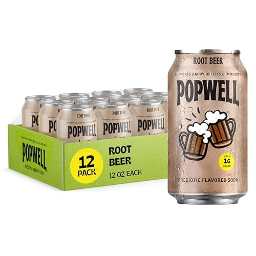 Popwell Root Beer Better-For-You Prebiotic Soda, with 6g Fiber, 1g Sugar, Vitamins and Immunity Support, 12 fl oz Cans (pack of 12)