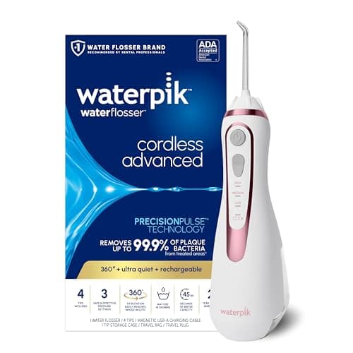Waterpik Cordless Advanced 2.0 Water Flosser For Teeth, Gums, Braces, Dental Care With Travel Bag and 4 Tips, ADA Accepted, Rechargeable, Portable, and Waterproof, Rose Gold WP-589, Packaging May Vary