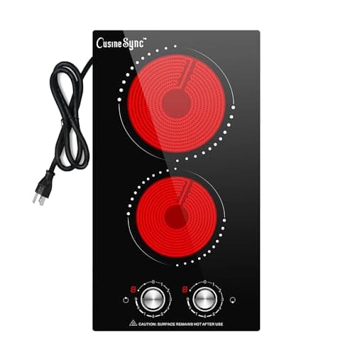 Cusinesync Portable Electric Cooktop 2 Burner 110V Plug in, 12 Inch 2000W Electric Stove Top with Knob Control, Countertop or Built-in Ceramic Hot Plate, for RV Dorm Apartment Kitchen Cooking