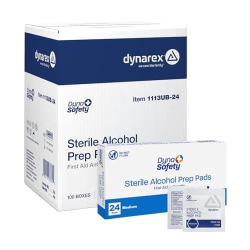 Dynarex DynaSafety Sterile Alcohol Prep Pads - Medium - 70% Isopropyl Alcohol, Individually Wrapped, Soft Cleaning Wipes - Case of 100 Boxes, 24 per Box