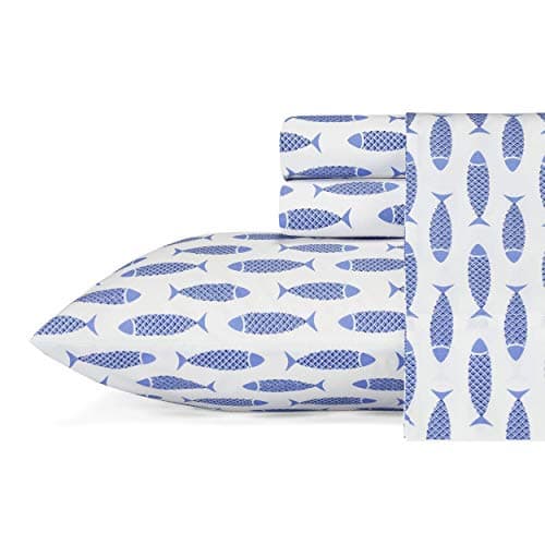 Nautica - Twin Size Sheet Set, Crisp Cotton Percale Bedding with Matching Pillowcase, Fully Elastic Fitted Sheet, Deep Pocket, Nautical Room Decor, Breathable All-Season Comfort (Woodblock Fish Blue)