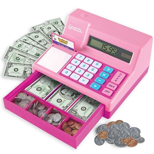 Learning Resources Pretend & Play Calculator Register Toy Pink - Kids Play Set & Credit Card Toy, Register for Kids, Pretend Grocery Store Shopping Playset for Toddlers, Teaching Math Set
