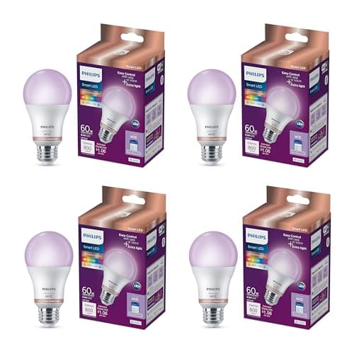 PHILIPS Smart LED Full Color Light Bulb 4-Pack, A19 60W 800LM E26 Indoor, Sunset to Sunrise Automation + Motion Detection + Control with Voice or App, Matter Compatible