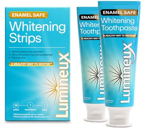 Lumineux Whitening Starter Set – Peroxide Free - Enamel Safe for Whiter Teeth – Includes 7 Whitening Treatments & 2 Pack Whitening Toothpaste Certified Non-Toxic, Fluoride Free & Dentist Formulated
