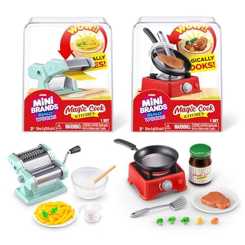 Mini Brands Really Works Magic Cook Kitchen Capsule Series 1 Pasta Maker & Steak with Pan Set by ZURU, Miniature Real Working Kitchen Appliances, Non-Edible Collectible Toy Mystery Capsule