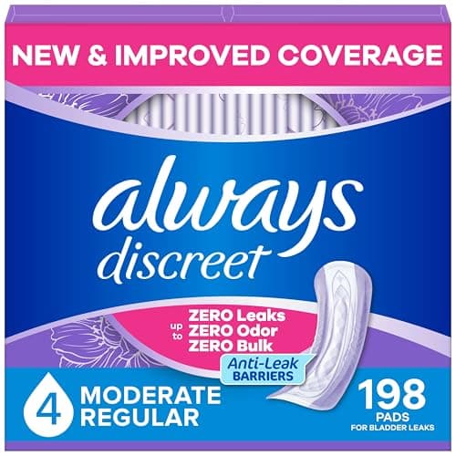 Always Discreet Adult Incontinence Pads for Women, Drier, 4 Drop Regular Length, Moderate Absorbency, Pads for Bladder Control Management, Bladder Leaks, & Postpartum Pads, 198ct