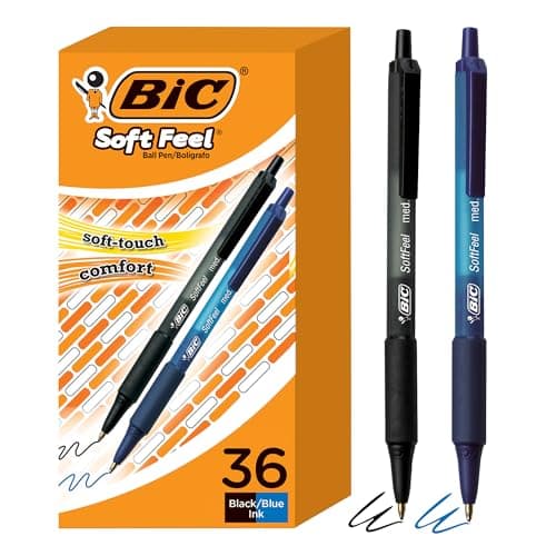 BIC Soft Feel Retractable Ballpoint Pen,1.0 mm Medium Point, Bulk School Supplies for Students and Teachers, No-Slip Grip, 36-Count in Black & Blue