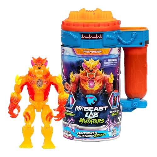 MrBeast Lab Hyper Fusion Mutators, Experiment & Create The Fire Panther, Add Mutation Fluid, Press The Fingerprint Scanner & Reveal The Panther, Over 20 Points of Articulation, Collect All 3
