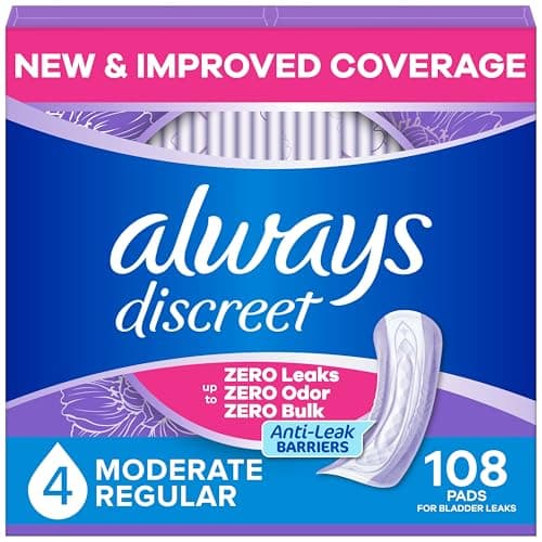 Always Discreet Adult Incontinence Pads for Women, Drier, 4 Drop Regular Length, Moderate Absorbency, Pads for Bladder Control Management, Bladder Leaks, & Postpartum Pads, 108ct