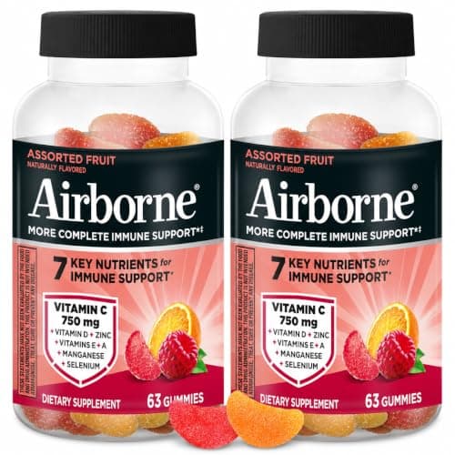 Airborne 750mg Vitamin C Gummies for Adults, Immune Support Supplement with Powerful Antioxidants Vitamins A C & E - 2x63ct Bottles (126 Gummies), Assorted Fruit Flavor