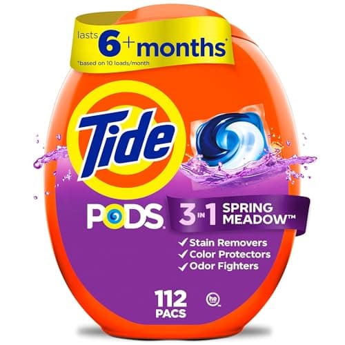 Tide PODS laundry detergent pacs, 3-in-1 Stain Remover, Odor Fighter, Color Protector, 112 Count, HE compatible, Spring Meadow Scent