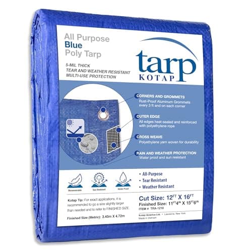 Kotap 12 x 16 Ft. All-Purpose Multi-Use Protection/Coverage 5-mil Poly Tarp, Waterproof, Blue, 1-Pack (TRA-1216)